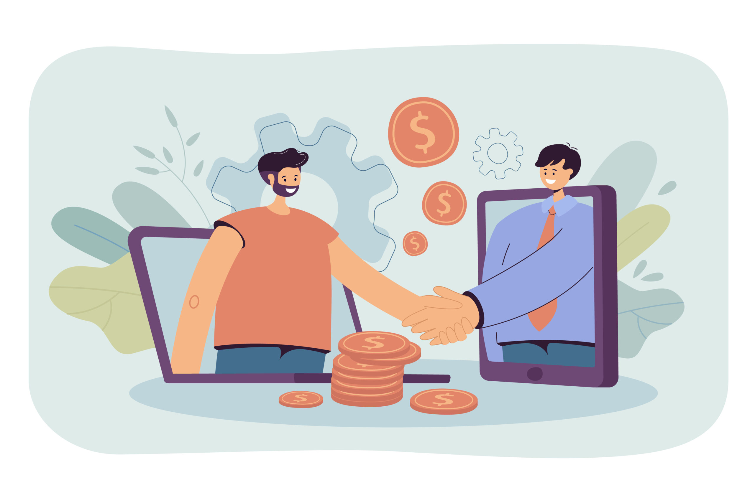 Business people using computers for closing deal