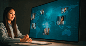 Woman doing online business networking with laptop