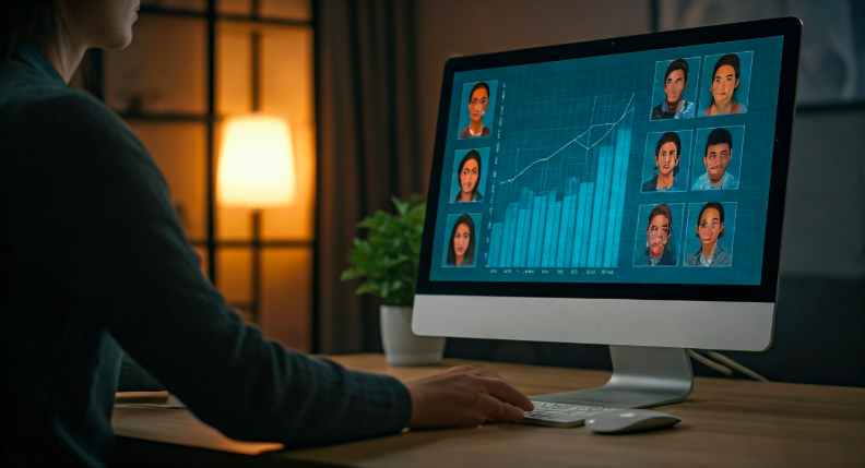 Man working on target audience research while looking at screen while working